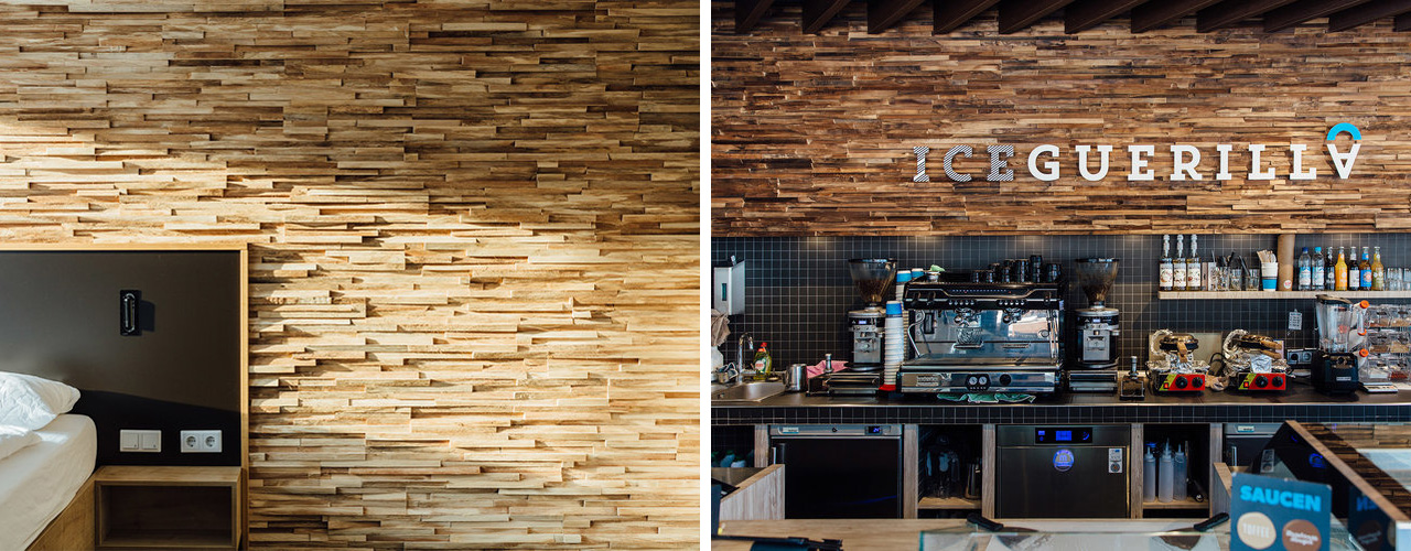 Links: Houten wandbekleding in een slaapkamer met een rustieke uitstraling, gecombineerd met een modern hoofdeinde en een nachtkastje. Rechterafbeelding: Wandbekleding van hout achter een moderne koffiebar.