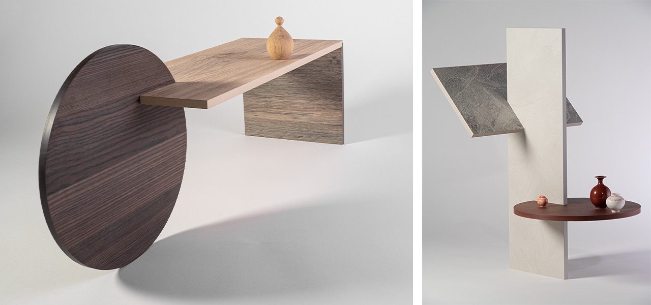Twee moderne designmeubels opgebouwd uit Arpa Solid materialen: het linkermeubel met een rond, donker oppervlak en een lichte plank, en het rechtermeubel met een hoge witte kolom en een marmerachtige plaat.