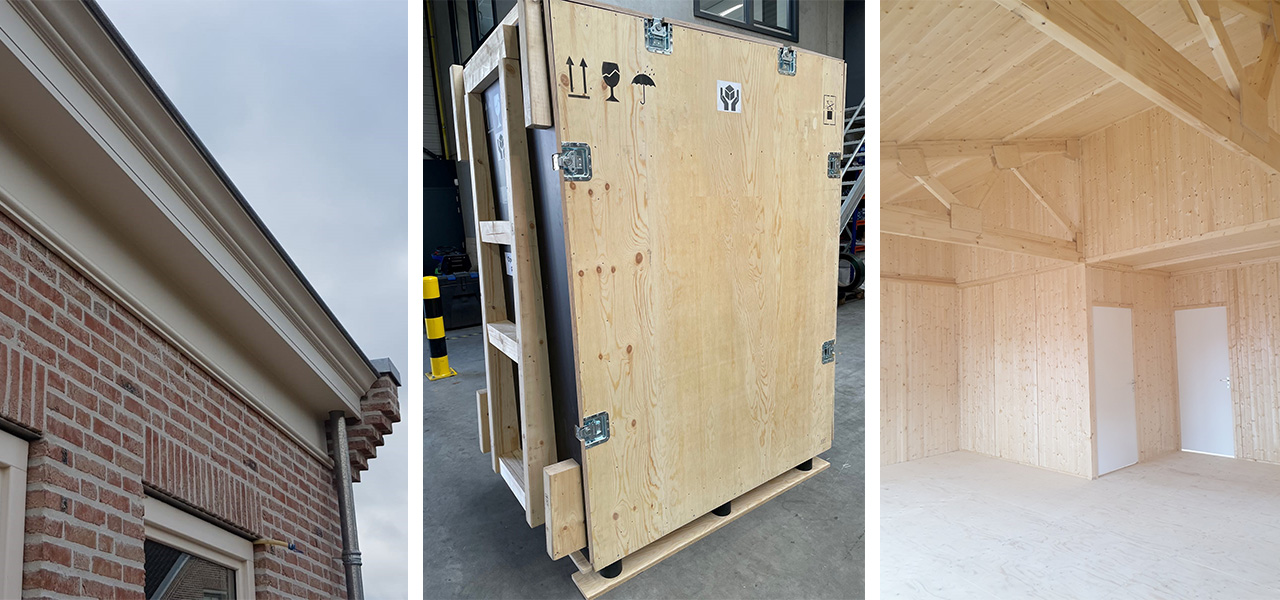 Drie afbeeldingen naast elkaar die diverse toepassingen van multiplex laten zien: gevelbekleding, gestapelde multiplexkratten en interieurafwerking met multiplexpanelen.