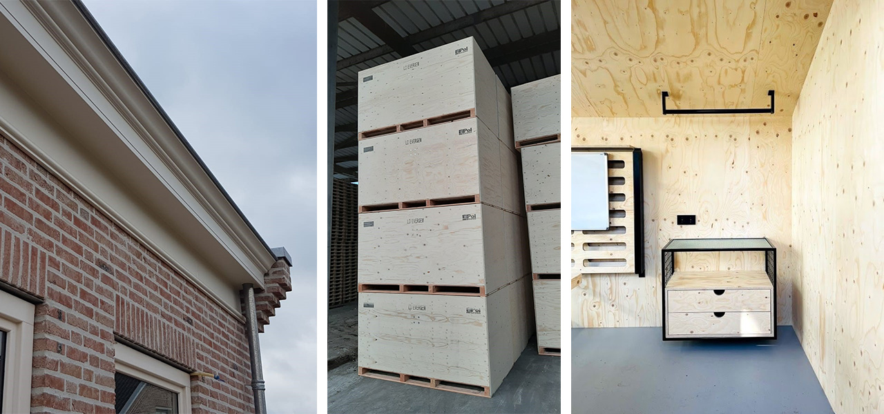 Drie afbeeldingen naast elkaar die diverse toepassingen van multiplex laten zien: gevelbekleding, gestapelde multiplexkratten en interieurafwerking met multiplexpanelen.