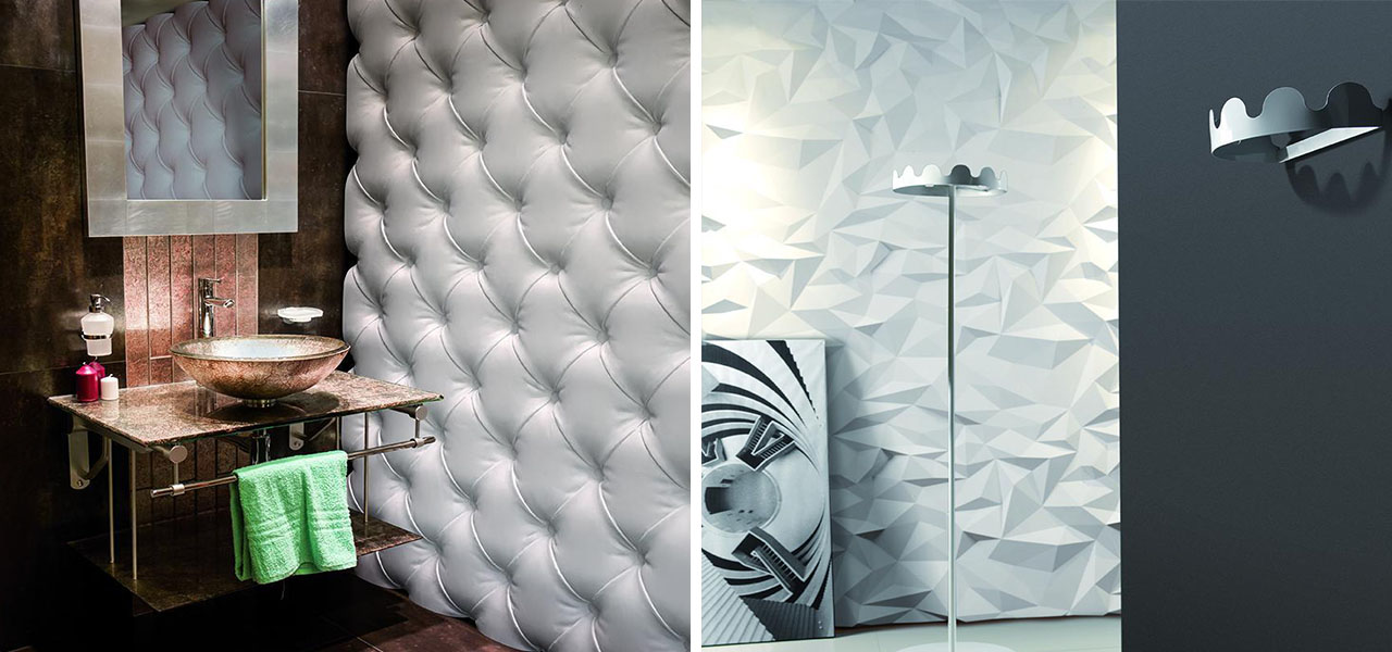 Links: Een badkamer met een opvallende, zachte zilverkleurige wand met een gecapitonneerd design. Rechts: Een moderne muur met geometrische 3D-panelen in een lichtgrijze tint.