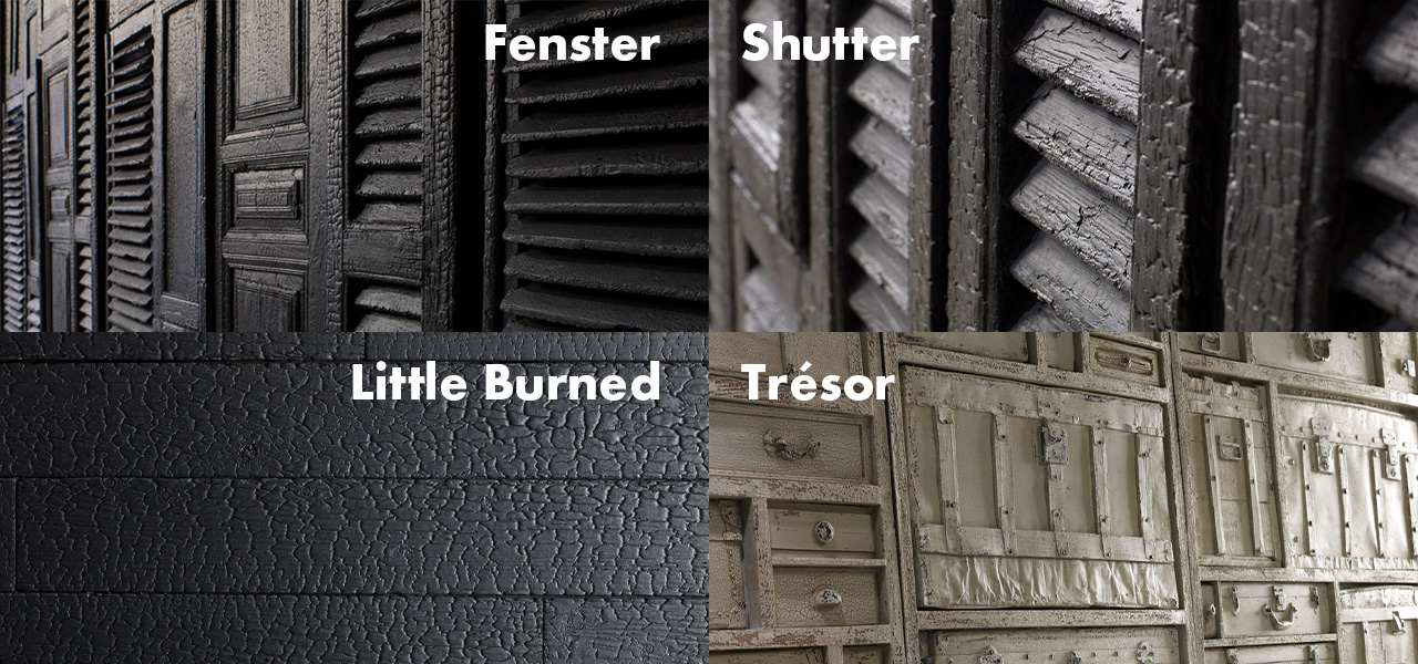 Vier close-ups van verschillende texturen: PanelPiedra Remember Fenster Shutter Little Burned en Trésor.