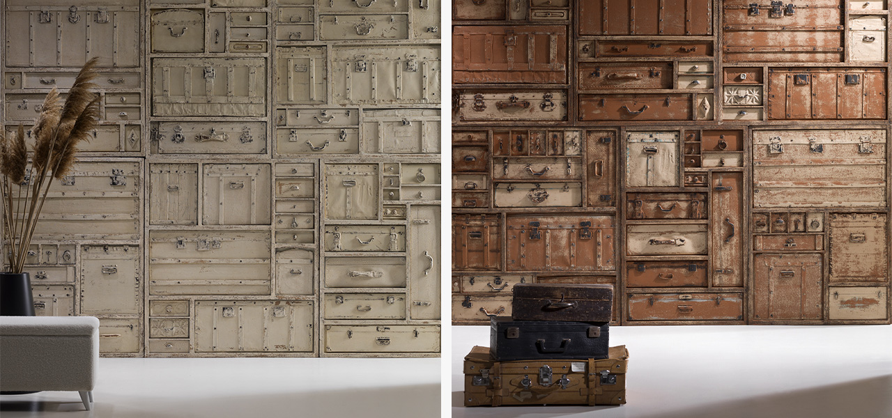 Wandpanelen in lichte en donkere tinten PanelPiedra Remember Tresor, samengesteld uit vintage kofferontwerpen.