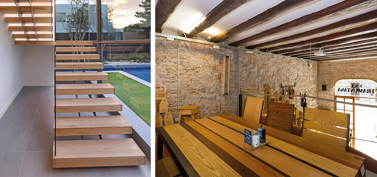 "Links: een moderne zwevende houten trap voor een glazen wand bij een zwembad. Rechts: een rustieke eetruimte met houten meubels en balkenplafond in een bakstenen ruimte.