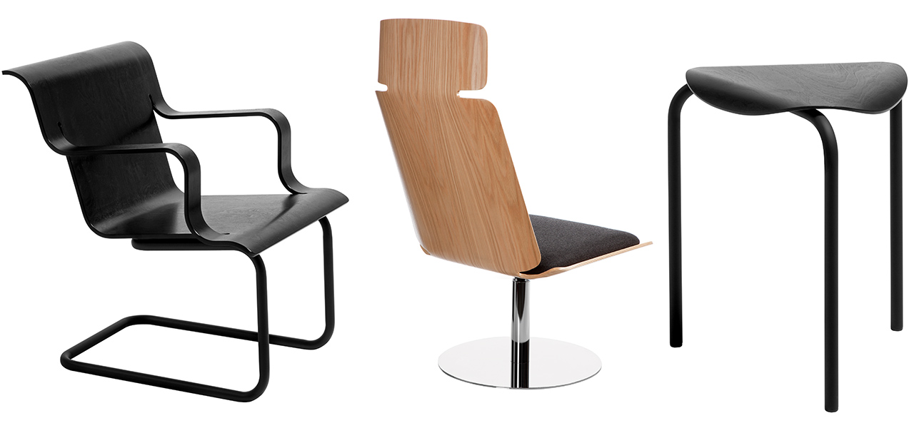 Drie stijlvolle designstoelen van gebogen hout en metaal, elk met een uniek en modern ontwerp.